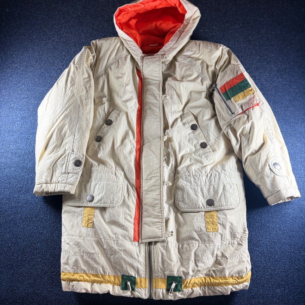 East West Down Parka Jacket Sz S 25.5in Pit Cream Colorblock Nylon Vintage 90s